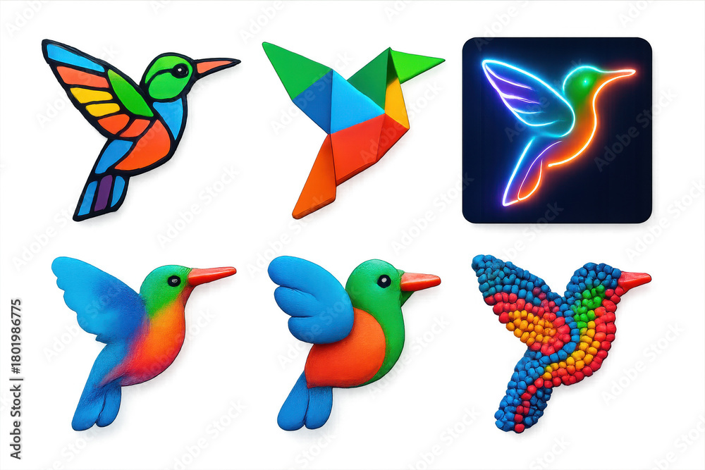 Fototapeta premium Series of colorful birds with one of them being a neon hummingbird