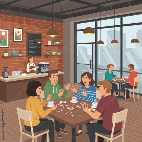 Friends Enjoy a Relaxing Afternoon Playing Cards and Sharing Coffee Together in a Cozy Urban Café Setting