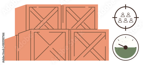 Three wooden crates stacked together paired with a target symbol and a scale indicator. Ideal for logistics, inventory, supply chain, shipping, warehouse, efficiency, and measurement themes. Simple