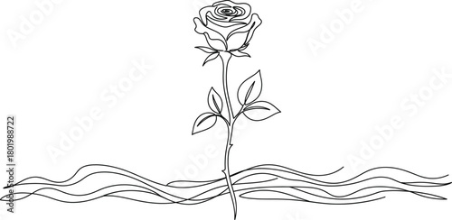 Elegant Single Rose with Stem and Leaves in Continuous Line Art, Emerging from Wavy Lines, Ideal for Minimalist Floral Designs and Artistic Concepts.