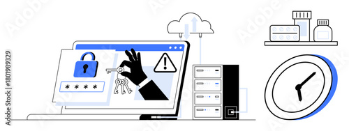 Laptop with cybersecurity warning, lock, keys, server, cloud graphic, clock, and medicine bottles. Ideal for cybersecurity, cloud computing risk management time awareness online safety IT