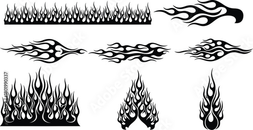 Collection of black and white flame graphics and fire decals for automotive and design projects