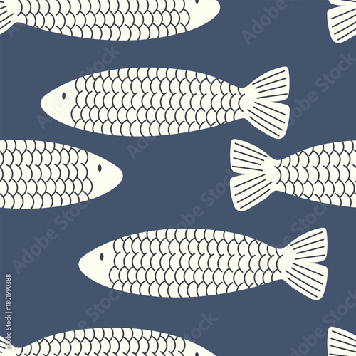 Monochrome fish pattern. Vector illustration with white fishes on blue background, seamless pattern.
