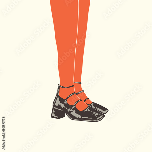 A pair of legs in red tights and black retro shoes on a white background.