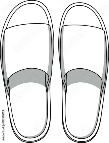 Pair of slide sandals vector technical sketch template, open toe slipper footwear, simple casual apparel mockup illustration, top view