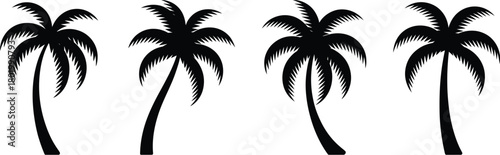 Four stylized black silhouette palm trees with textured fronds and trunks on a white background