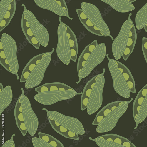Hand drawn pattern with green pea on black background. Vector illustration with green beans.