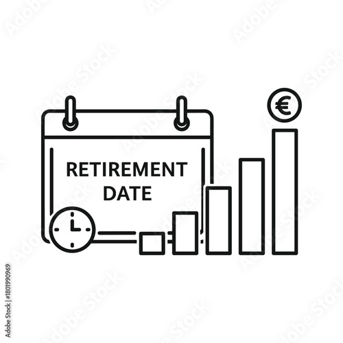 Retirement date concept with calendar, clock, bar chart, and euro symbol