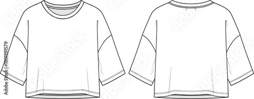 Boxy t-shirt vector technical fashion sketch template, short sleeve, dropped shoulder, casual apparel design illustration mockup