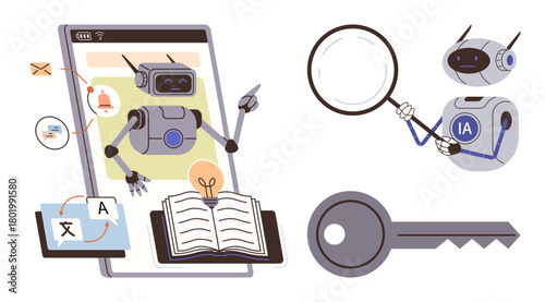 Robots with magnifying glass, tablet, book, email, key highlight AI in education, research, data, translation automation cybersecurity and innovation. Ideal for simple flat metaphor