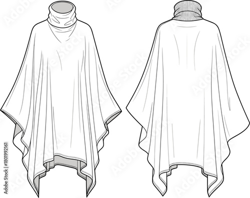 Turtleneck poncho vector technical fashion sketch template, oversized cowl neck layering piece, front and back view, cold weather apparel mockup