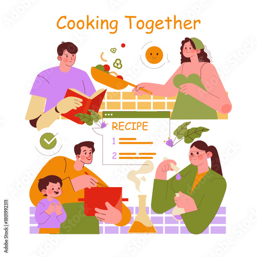 Joyful Family Cooking Activity Vector Illustration