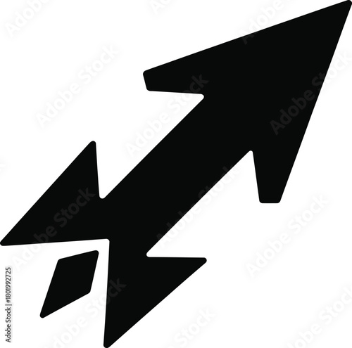 Abstract black arrow and lightning bolt combined symbol representing fast progress, upward direction, energy, and rapid growth on a clean white background.