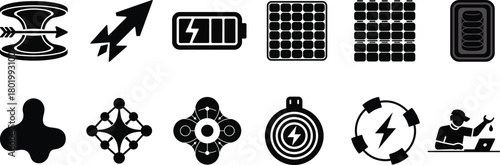 Technology and energy vector icons set featuring a battery, solar panel, network, data flow, growth arrows, and it support concepts.