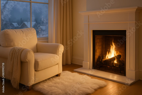 Winter living room. Cream armchair and white fireplace. The window is covered with frosty patterns, through which the outlines of a snow-covered village are visible. The atmosphere is very peaceful 