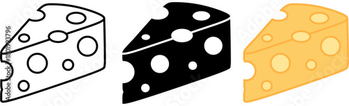 Simple cheese slice icon set in outline, solid, and colored styles. Perfect for food illustrations, dairy products, menus, labels, apps, and culinary graphics.