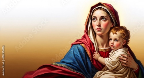 Mother holding child with gentle expression in classic artwork. Virgin Mary with baby Jesus, religious painting Christmas, Madonna with baby  