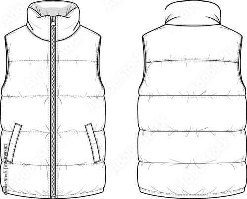 Puffer quilted vest vector technical fashion sketch template, zip front, stand collar, cold weather outerwear apparel mockup