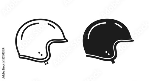 Helmet icon set: outline and solid style, safety equipment.