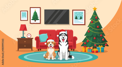 Two happy dogs, a golden retriever and a husky, wear Santa hats in a cozy living room decorated for the holidays with a Christmas tree and gifts