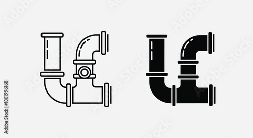 Outline and solid black silhouette illustrations of industrial plumbing pipes with elbows and connectors.