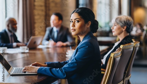 Professional Woman Wearing Blue Suit Sitting at Conference Table in Elegant Meeting Room