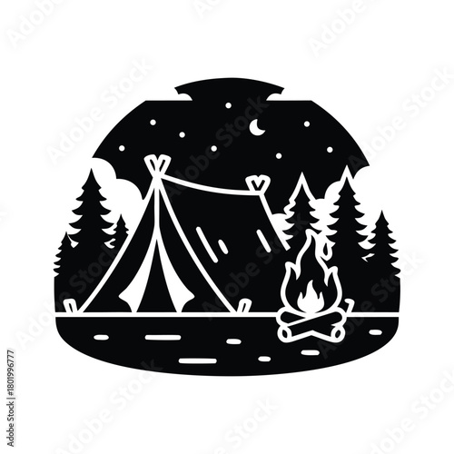 Night Camping Tent and Campfire Vector Illustration