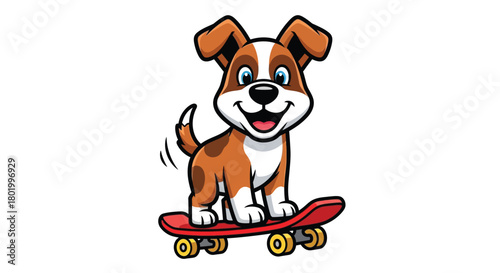 A cute cartoon puppy with a happy expression standing on a red skateboard.