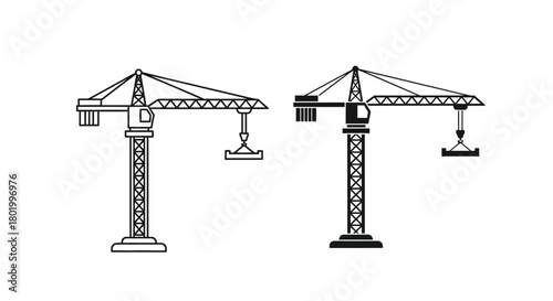 Two black and white vector illustrations of tower cranes used in construction.