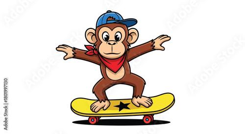A cartoon monkey wearing a blue baseball cap and red bandana rides a yellow skateboard with a black star.