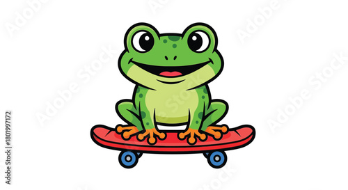 A cheerful green frog with big eyes is riding a red skateboard, smiling happily.