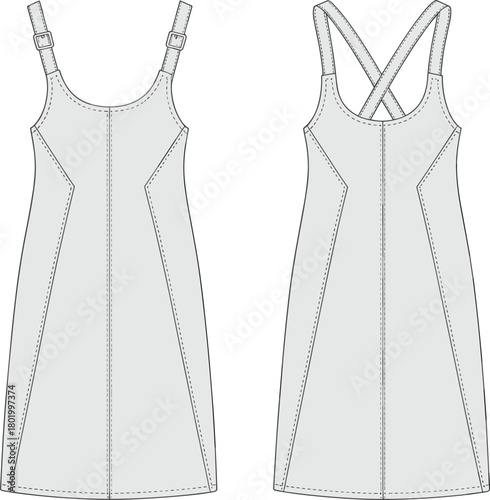 Sleeveless mini slip dress vector technical fashion sketch template, front and X-back view, adjustable strap dress, detailed apparel mockup illustration