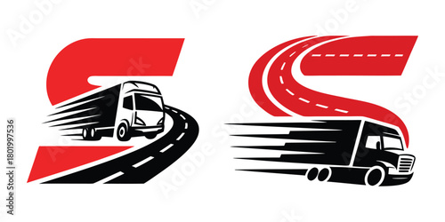 Fast express shipping truck logo with 's' symbol and curved road art