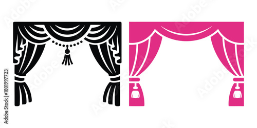 Stylized stage curtains set, classic black and modern pink icons