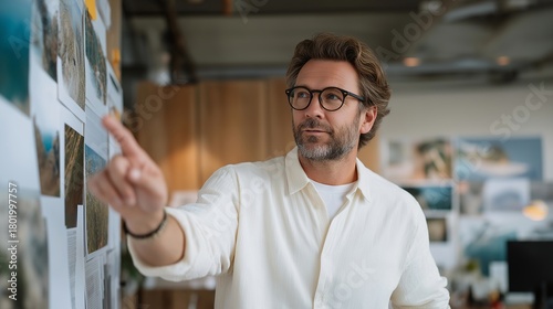A creative director reviewing storyboards and cinematic sequences with the narrative team, pointing at concept art pinned across the wall — storytelling, visual direction, and narrative development
