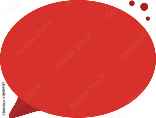 A large, vibrant red speech bubble with a pointed tail and small red dots in the upper right corner.