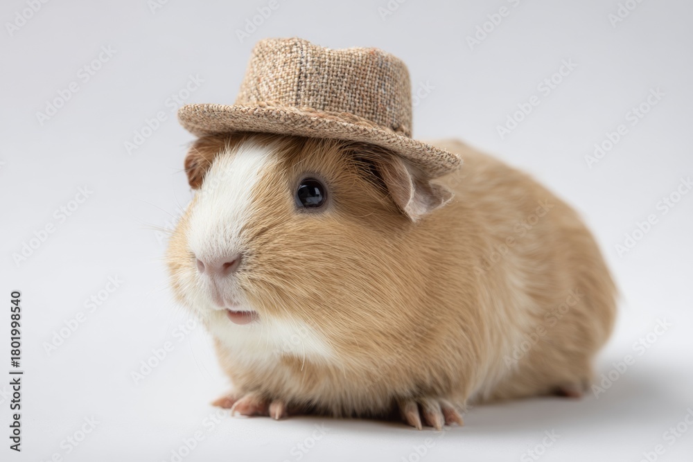 Fototapeta premium A small guinea pig with light brown and white fur wears a tiny straw hat while sitting on a bright white background. It looks curious and playful, adding charm to the scene