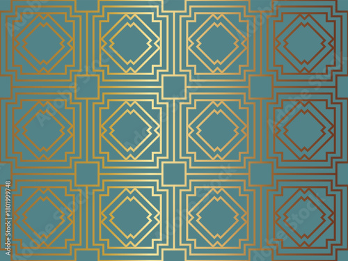 高級感のあるアールデコ模様の背景　ターコイズ＆ゴールド