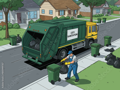 A dedicated sanitation worker collecting household waste along a quiet suburban street during an organized city garbage pickup