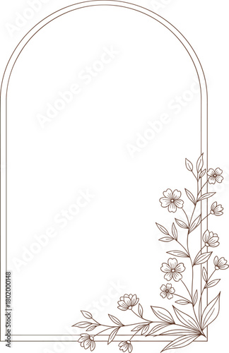 Arched botanical frame with delicate floral corner ideal for wedding invitations greeting cards posters and elegant nature themed branding