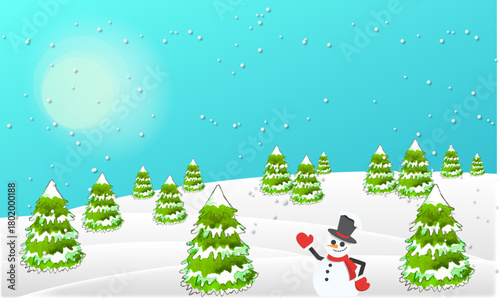 Charming Winter Wonderland Scene Snow-Covered Landscape with Snowy Trees, Cheerful Snowman, and a Bright Sun under a Turquoise Sky – Holiday Illustration