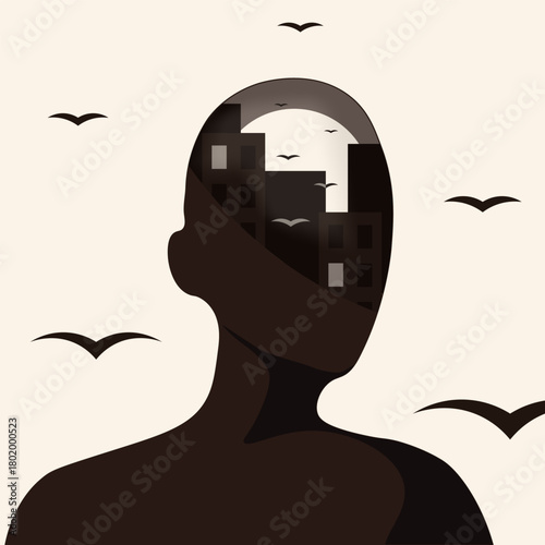 Dreams concept. Vector illustration of faceless person silhouette with thoughts in their head. Person is thinking about their home and loved ones. Cut out paper style art for interior wall poster. EPS