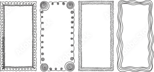 Collection of four unique hand drawn decorative borders and frames with abstract patterns and whimsical designs