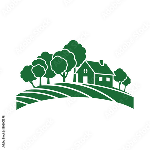 Green stylized house on rolling hills with trees and fields home building