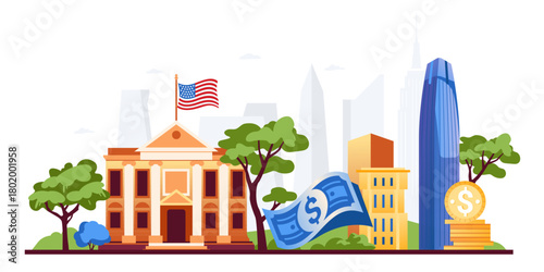 Finance District Scene - Colorful Flat Design Illustration