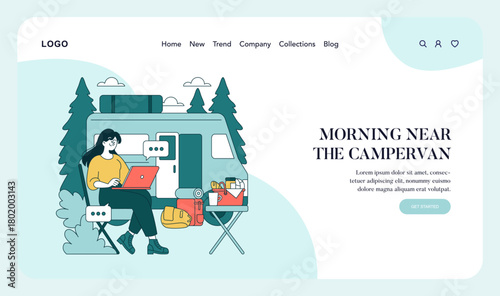 Camper Van Morning Scene with Woman Working on Laptop