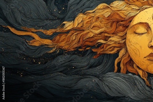 Celestial Embrace: A serene depiction of the sun, radiating warmth and tranquility with closed eyes, intertwined with flowing celestial elements, evoking a sense of peaceful serenity.
