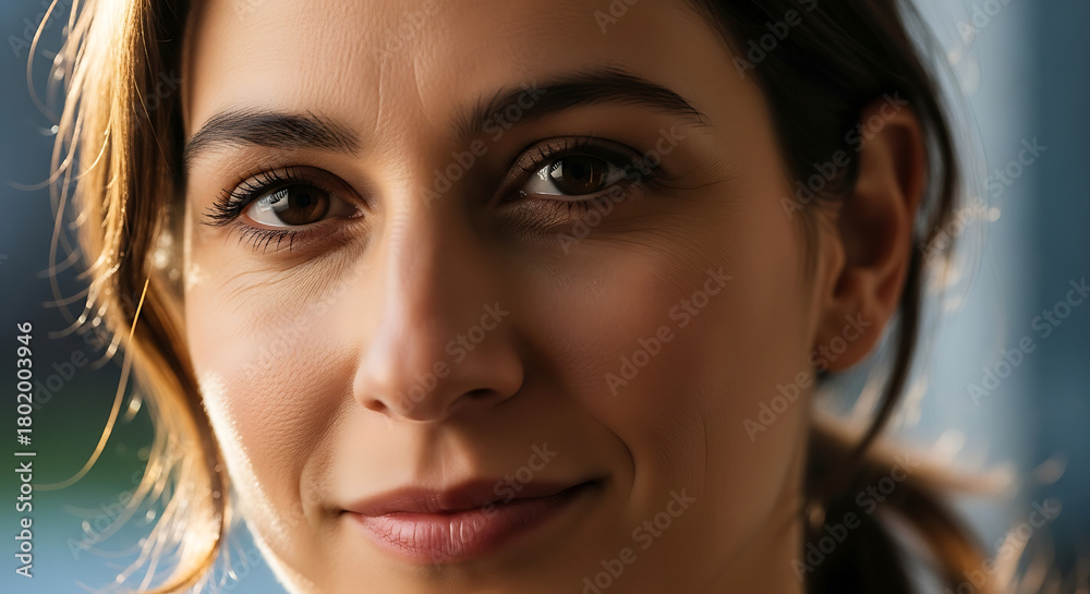 Fototapeta premium Warm smile of a woman with thoughtful eyes, bathed in soft natural light.