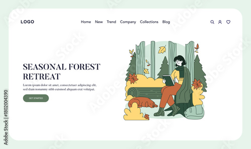 Person Relaxing in Autumn Forest with Tablet Vector Illustration