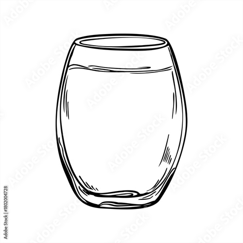 Full water glass monochrome vector isolated illustration painted by black inks. Juice, tonic or mocktail in transparent glassware etching drawing. Drink sketch for menu, poster, label